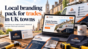 Local branding pack for UK trades showing a branded website, service van, business cards, flyer, workwear, and trade marketing materials.