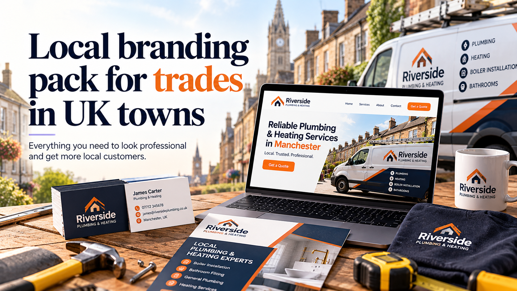 Local branding pack for UK trades showing a branded website, service van, business cards, flyer, workwear, and trade marketing materials.