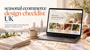 Seasonal ecommerce design checklist for UK retailers showing spring, summer, autumn, and winter store updates on a laptop.