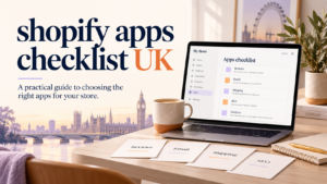 Shopify apps checklist UK featured image with laptop dashboard showing reviews, email, shipping and SEO app categories
