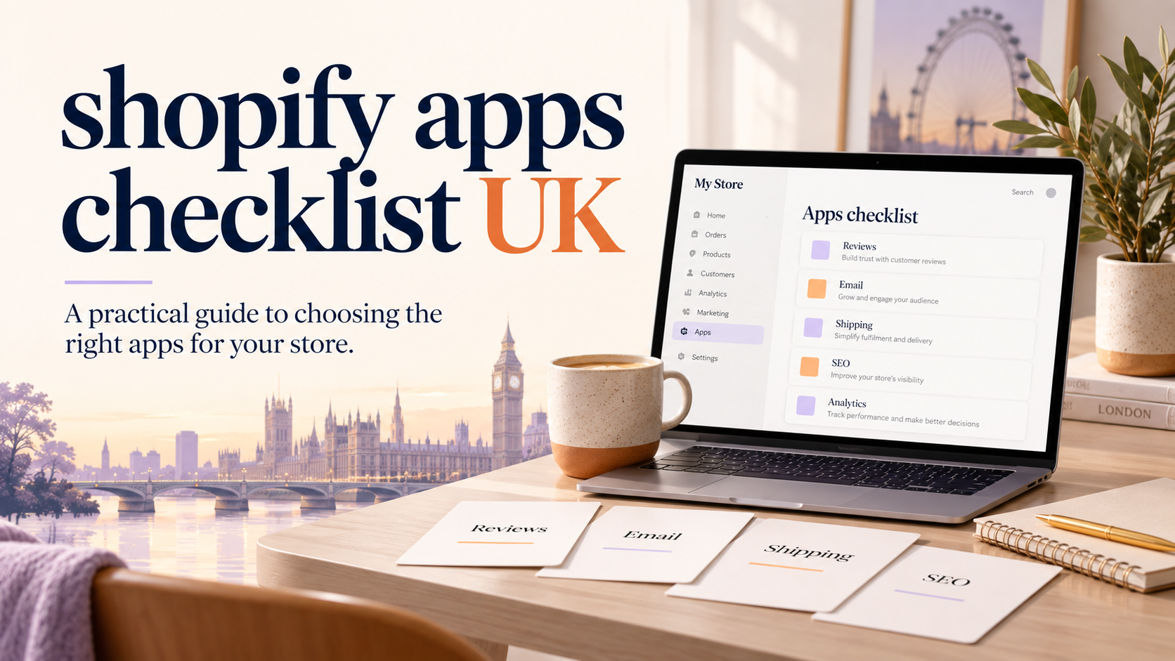 Shopify apps checklist UK featured image with laptop dashboard showing reviews, email, shipping and SEO app categories